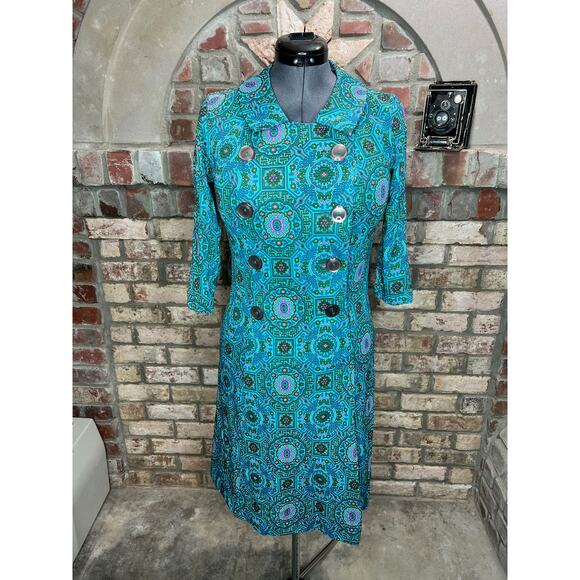 Shelton Stroller Dress fit and flare 1950s geometric aqua green double breasted - Picture 1 of 10